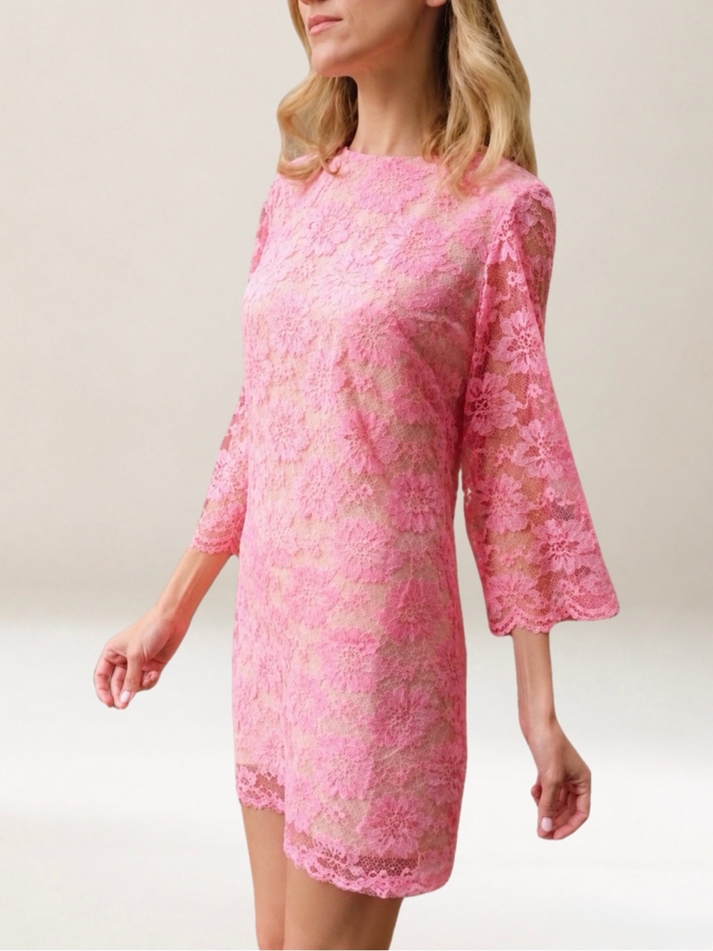 Vintage 60s Hot Pink Floral Lace Shift Mini Dress Sheer Bell Sleeve Slip XS / S - Picture 11 of 17